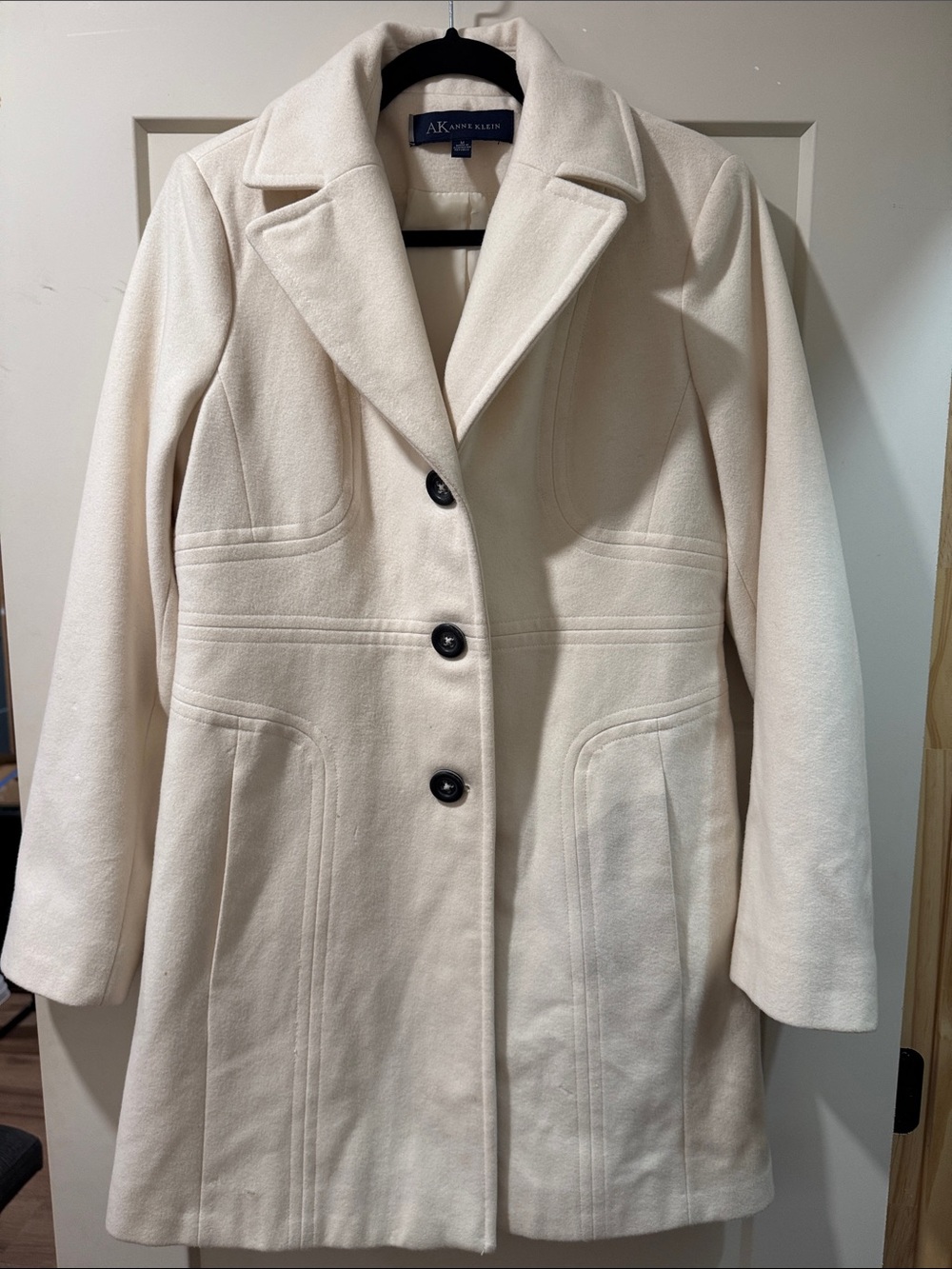 Anne Klein Cream Single-Breasted Wool-Blend Pea Coat